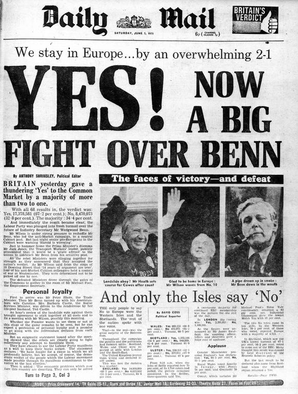 The front page of the British daily newspaper <i>Daily Mail</i> (7 June 1975)