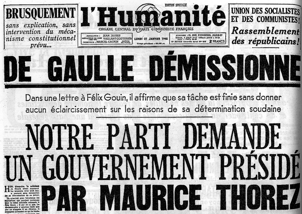 The front page of <i>L'Humanité</i> (20 January 1946)