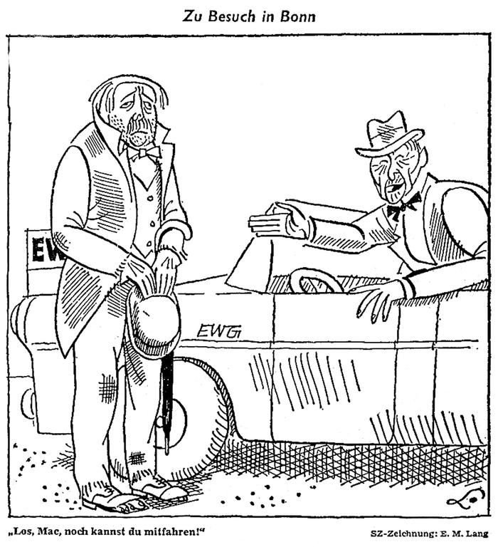 Cartoon by Lang on the United Kingdom's negotiations to join the EC (10 January 1962)