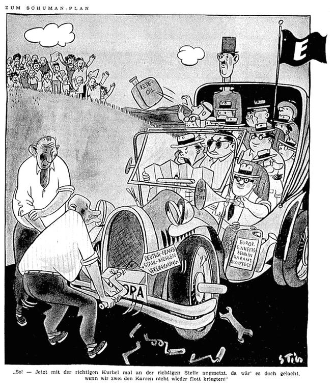 Karikatur von Stig zur Rolle des deutsch-französischen Duos beim Gelingen des Schuman-Plans (11. Mai 1950)