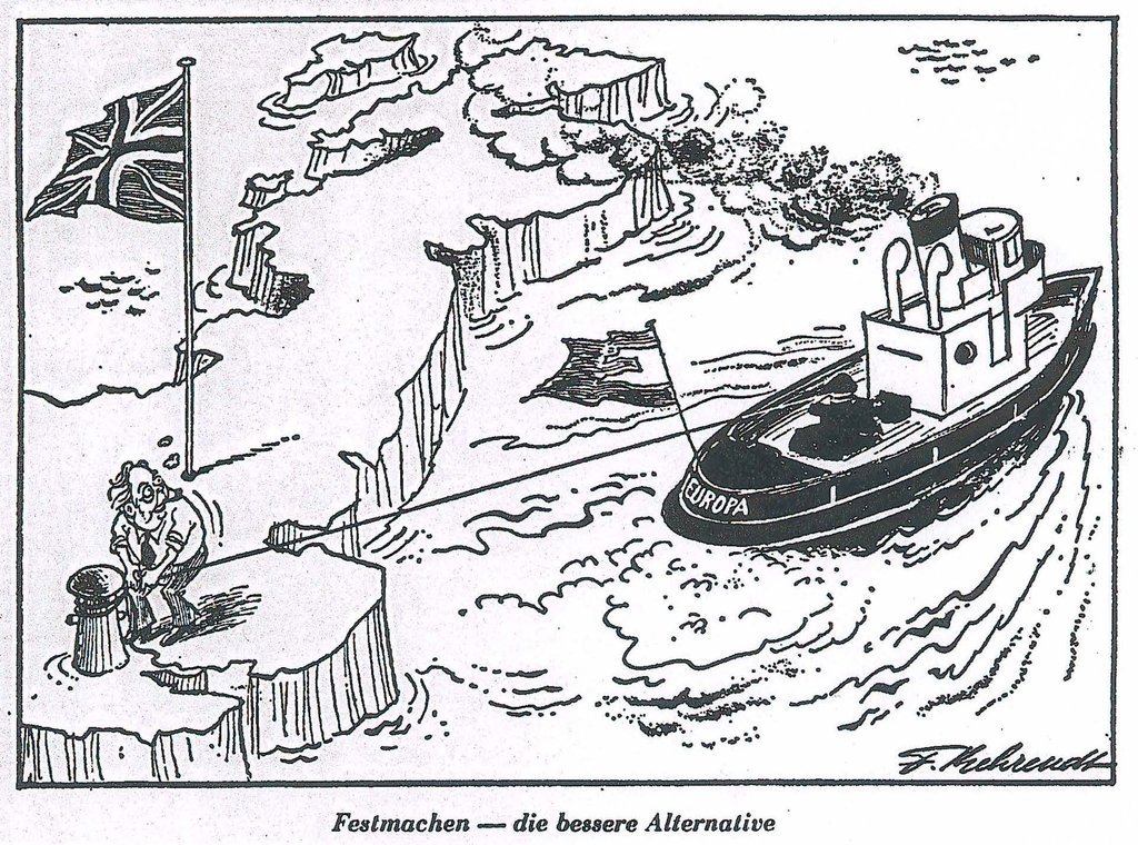 Cartoon by Behrendt on whether the United Kingdom will remain within the EEC (9 April 1975)