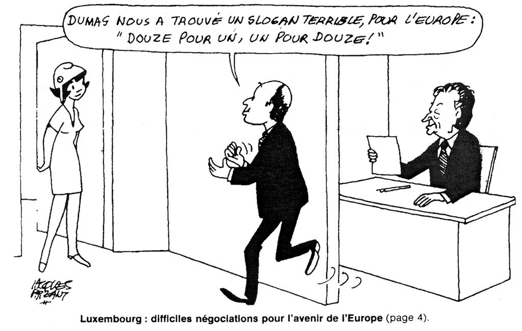 Cartoon by Faizant on the difficult revival of the European integration (3 December 1985)