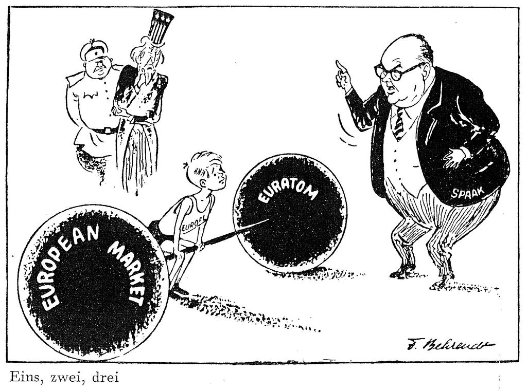 Karikatur von Behrendt zur Rolle Paul-Henri Spaaks bei der Vorbereitung der Römischen Verträge (17. Februar 1957)