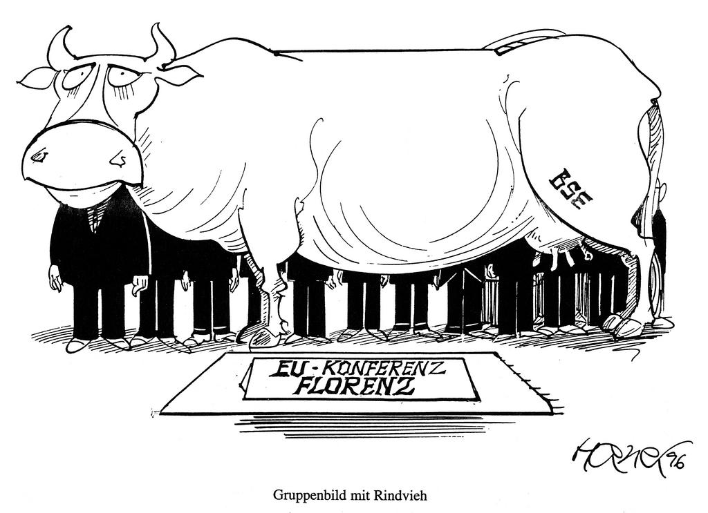 Cartoon by Hanel on the European Council in Florence and the mad cow disease (1996)