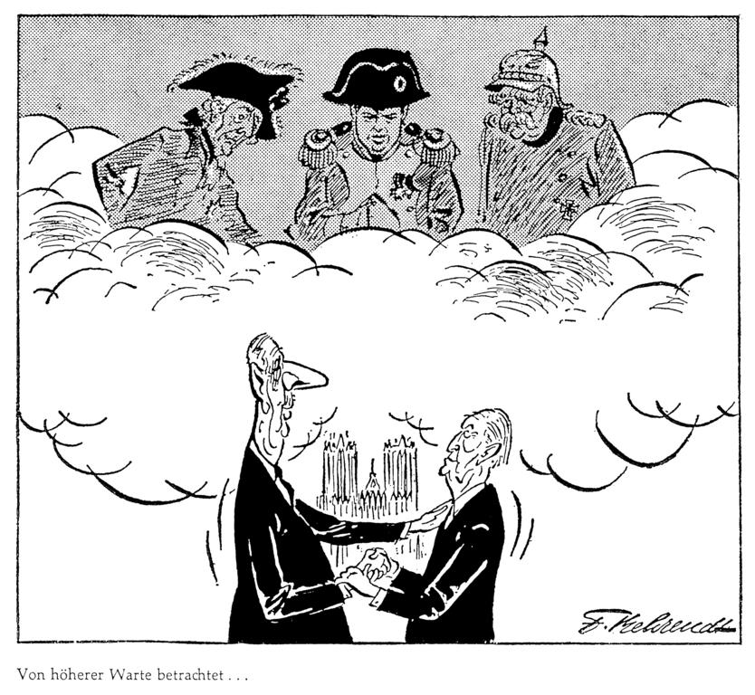 Karikatur von Behrendt zur deutsch-französischen Annäherung: das De Gaulle-Adenauer Treffen in Reims (9. Juli 1962)