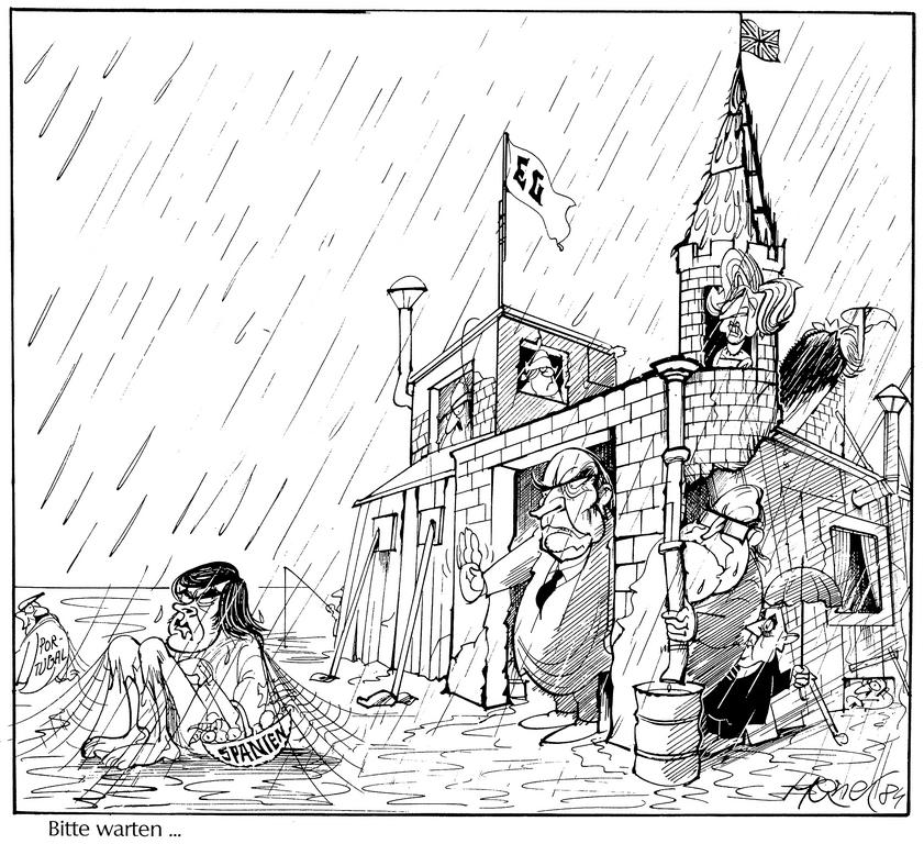 Caricature de Hanel sur l'adhésion de l'Espagne et du Portugal aux Communautés européennes (25 février 1984)