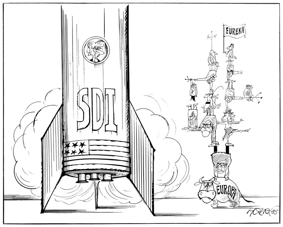 Cartoon by Hanel on technological cooperation in Europe (1985)