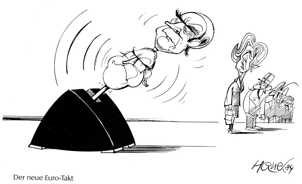 Karikatur von Hanel zum deutsch-französischen Tandem beim Europäischen Rat von Fontainebleau (1984)