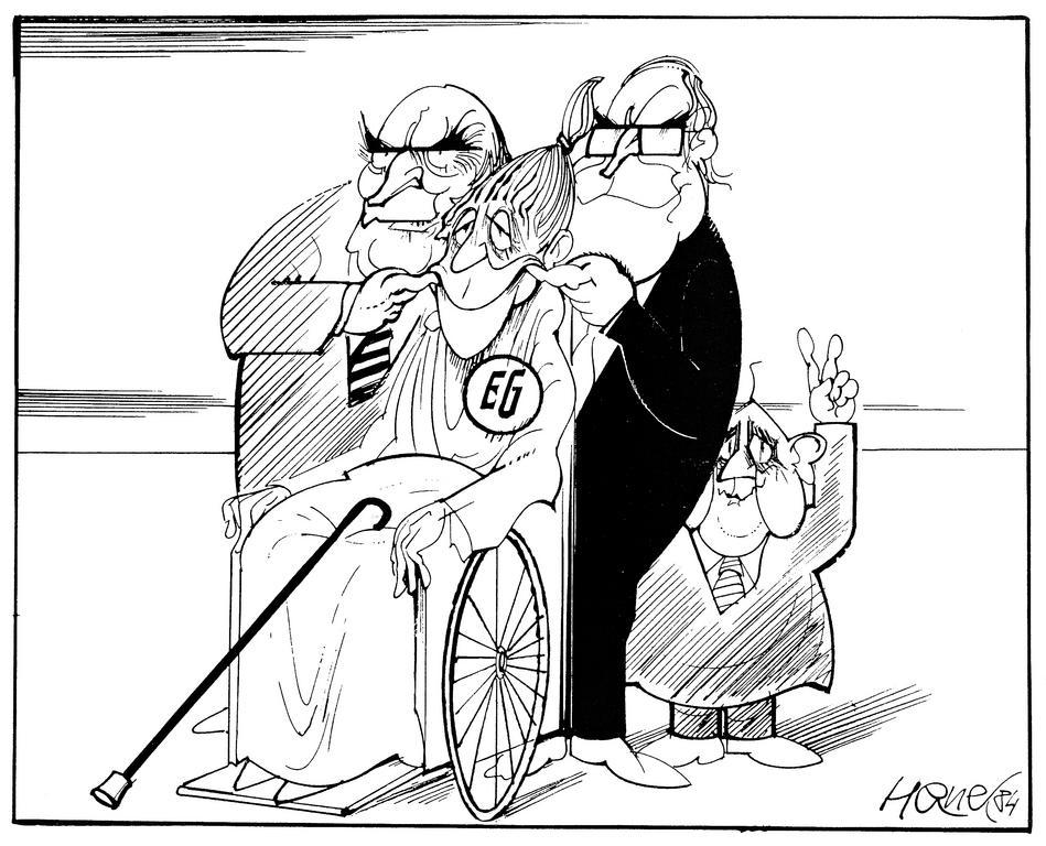 Karikatur von Hanel zur deutsch-französischen Zusammenarbeit bei der Ankurbelung der europäischen Integration (29. März 1984)