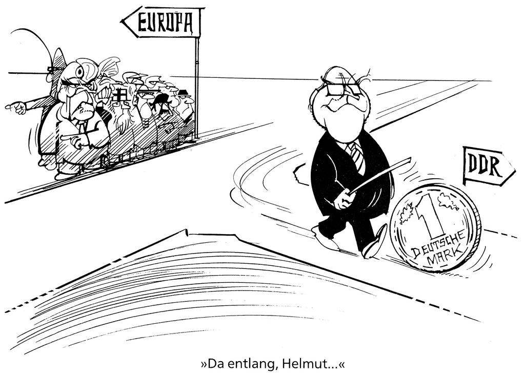 Cartoon by Hanel on monetary policy in the former GDR (1990)