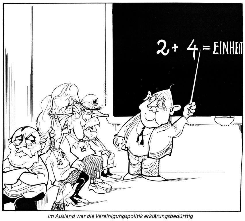 Cartoon by Hanel on the ‘2 + 4’ Conference on German reunification (1990)