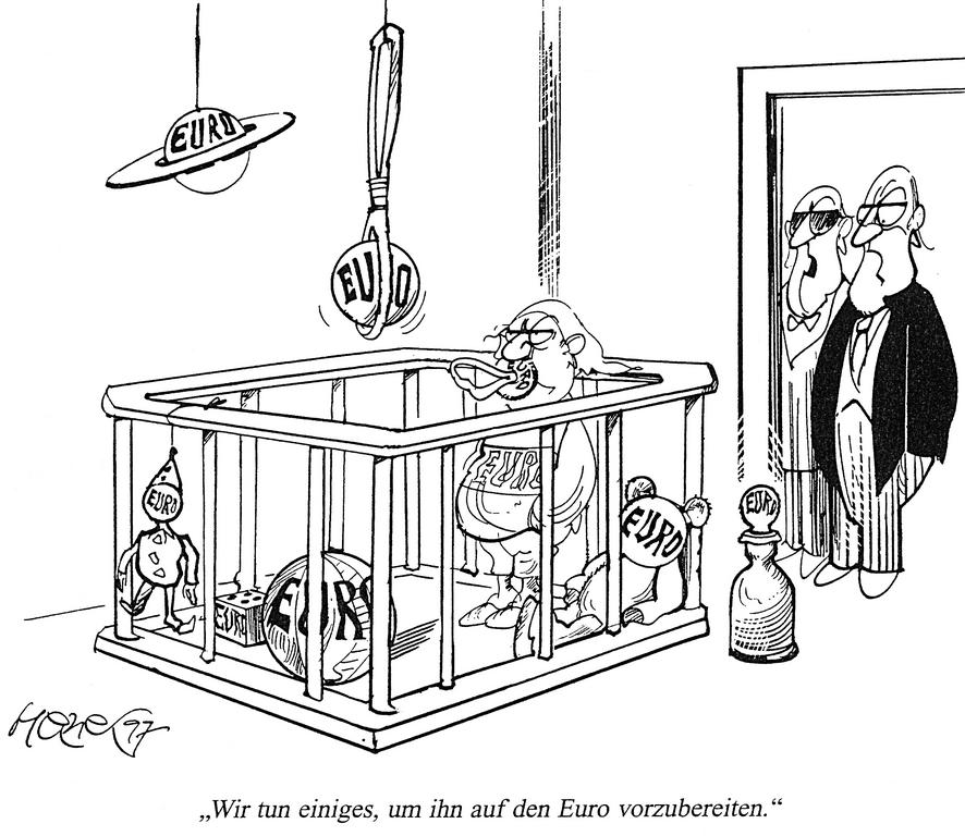 Cartoon by Hanel on Germany and the euro (1997)