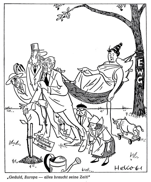 Cartoon by HeKo on the efforts of France and Germany in favour of a political Europe: the meeting of the Six in Bad Godesberg (19 July 1961)
