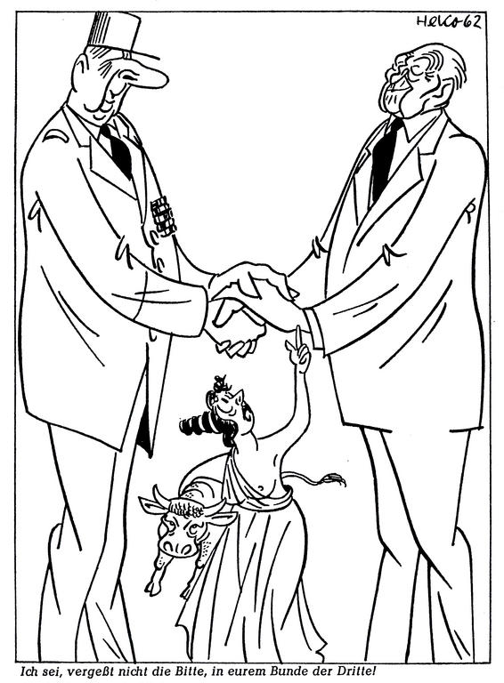 Caricature de HeKo sur le rapprochement franco-allemand: visite de Adenauer en France (1<sup>er</sup> juillet 1962)
