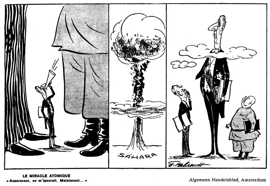 Cartoon by Behrendt on the explosion of the first French atomic bomb (1960)