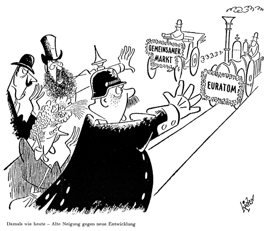 Caricature de Hicks sur les craintes suscitées par les traités de Rome en Europe (28 février 1957)