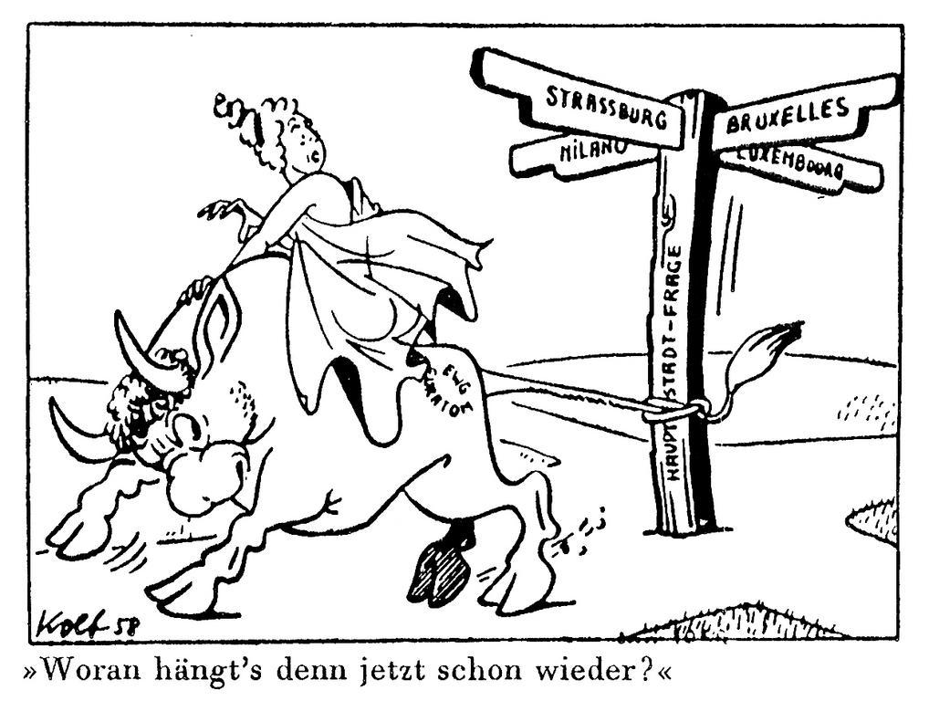 Cartoon by Kolb on the seat of the European institutions (18 January 1958)