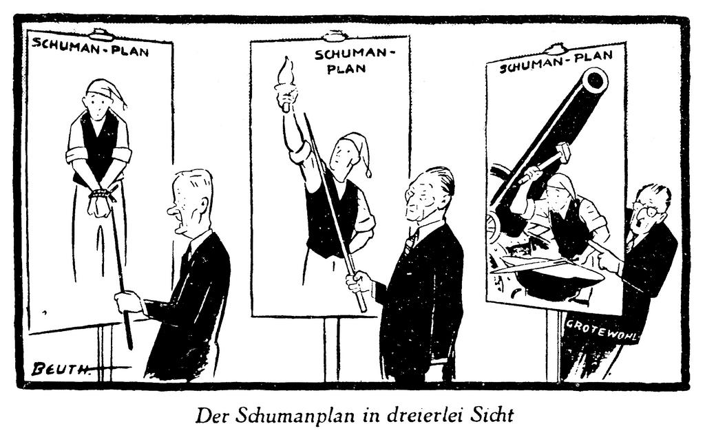 Cartoon by Beuth on the Federal Republic of Germany and the Schuman Plan (11 January 1952)