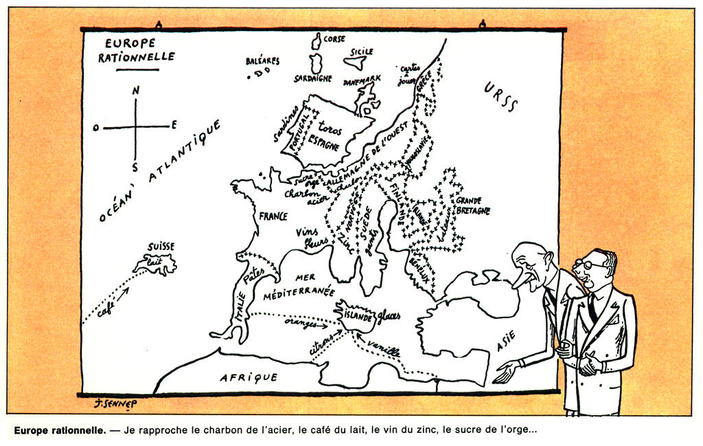 Karikatur von Sennep über die wirtschaftliche Neuorganisation Europas (14. Dezember 1951)