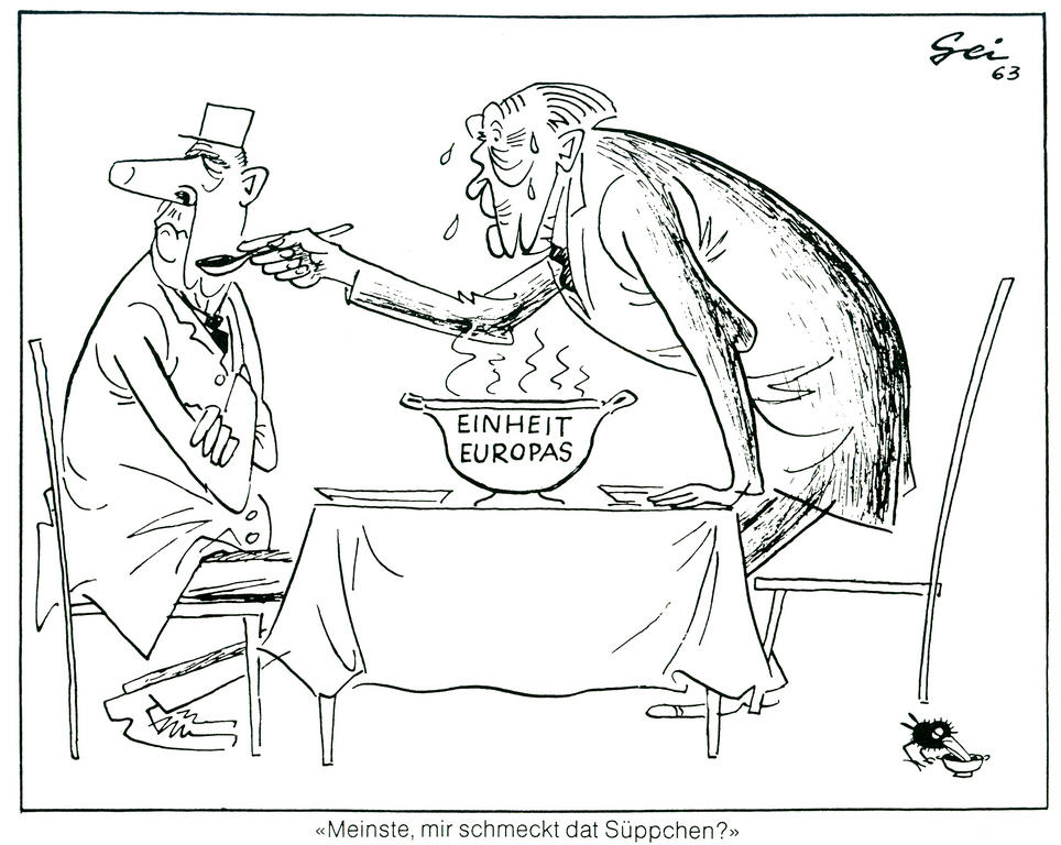 Caricature de Geisen sur la position franco-allemande et l'unité européenne (1963)