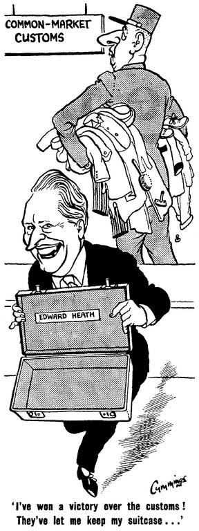 Cartoon by Cummings on the position of Edward Heath during the negotiations with the United Kingdom on accession to the EEC (21 November 1962)