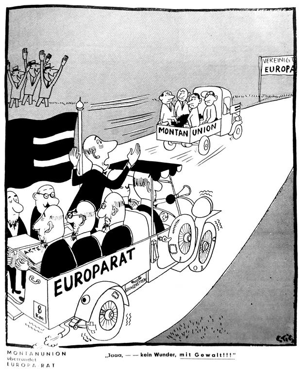 Cartoon by Stig on the activities of the Council of Europe (10 May 1953)