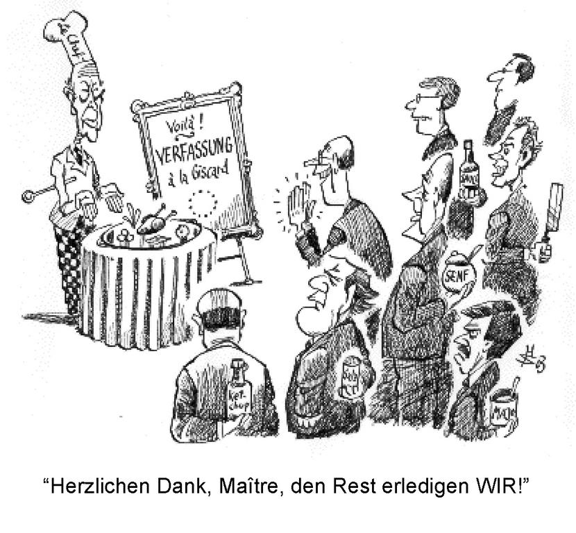 Cartoon by Sakurai on the dangers threatening the future European Constitutional Treaty (21 June 2003)