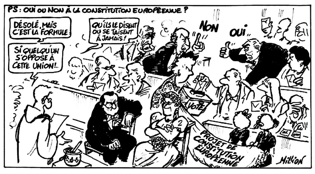 Caricature de Million sur le Parti socialiste français face au référendum sur la Constitution européenne (24 novembre 2004)