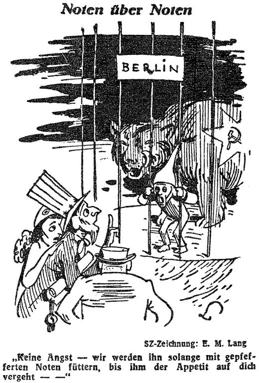 Cartoon by Lang on the stance taken by the United States, France and the United Kingdom in response to the Berlin Blockade (17 July 1948)
