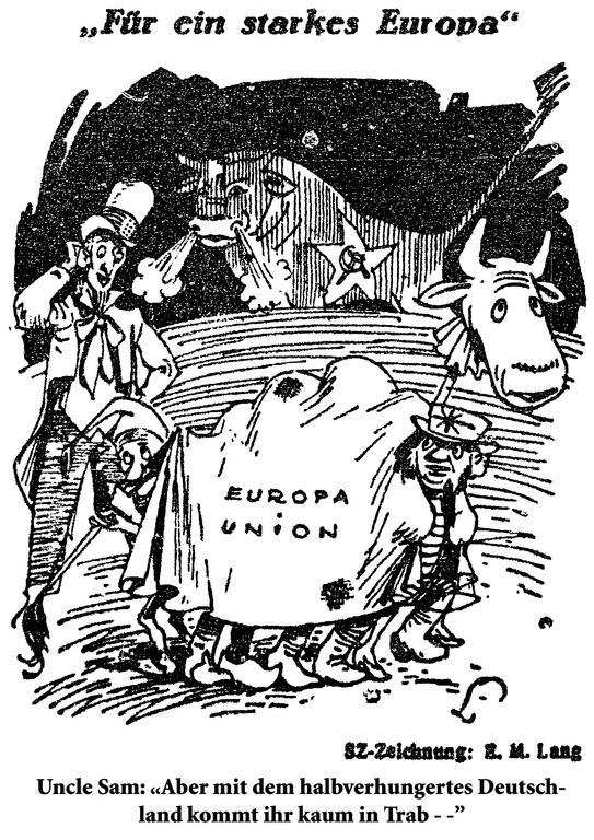 Cartoon by Lang on the difficulties involved in the plan for a united Europe (22 May 1948)