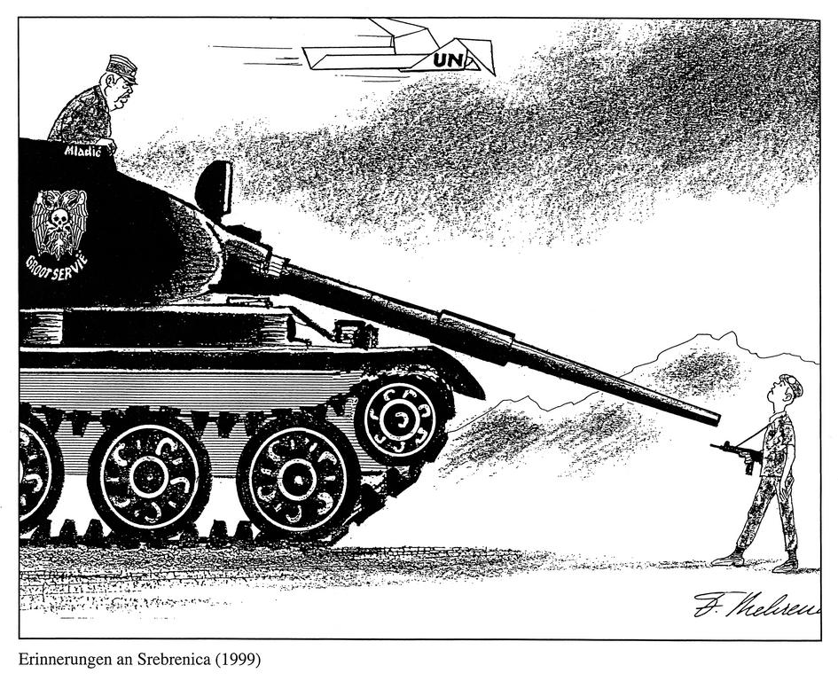 Caricature de Behrendt sur l'impuissance des forces onusiennes à Srebrenica (1999)