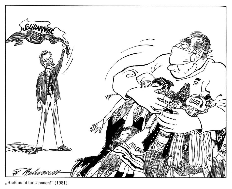 Caricature de Behrendt sur l'impact de <i>Solidarnosc</i> sur la stabilité du bloc de l'Est (1981)