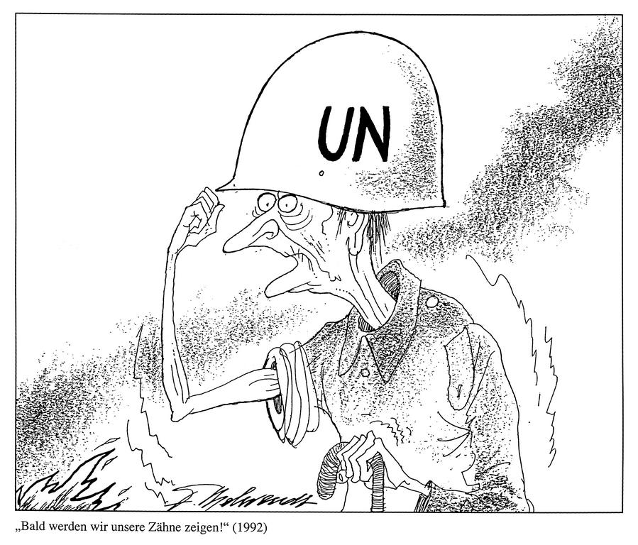 Caricature de Behrendt sur l'impuissance des Nations unies au début du conflit en Yougoslavie (1992)