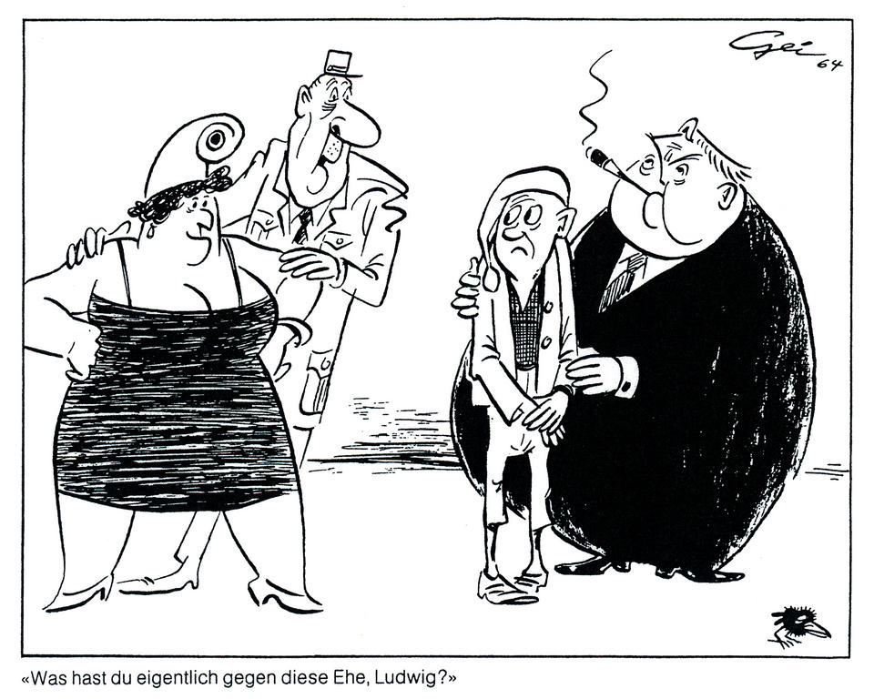 Cartoon by Geisen on the difficult relations between Charles de Gaulle and Ludwig Erhard (1964)