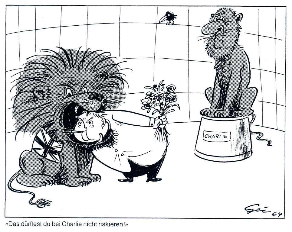 Cartoon by Geisen on the cooling of Franco-German relations under Charles de Gaulle and Ludwig Erhard (1964)