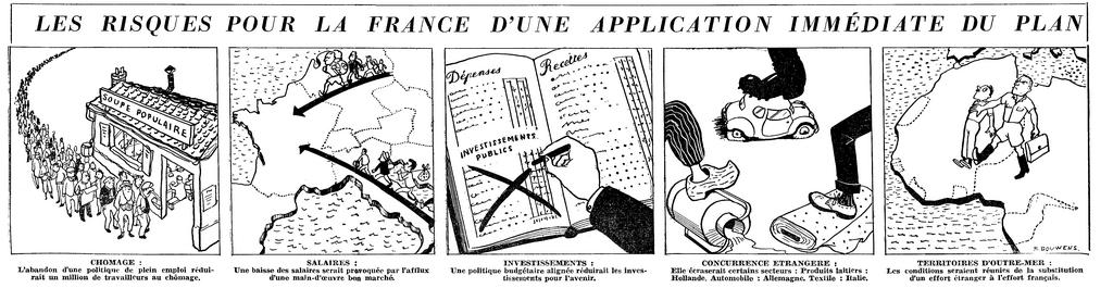 Caricature sur les risques pour la France de la mise en application du plan allemand d'intégration économique de l'Europe (14 novembre 1953)