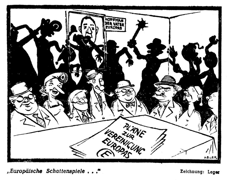 Cartoon by Leger on the difficulties involved in the European unification process (22 February 1950)