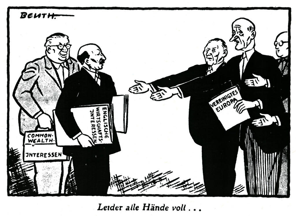 Karikatur von Beuth zum Fernbleiben des Vereinigten Königreichs von den Verhandlungen über den Schuman-Plan (17. Juni 1950)