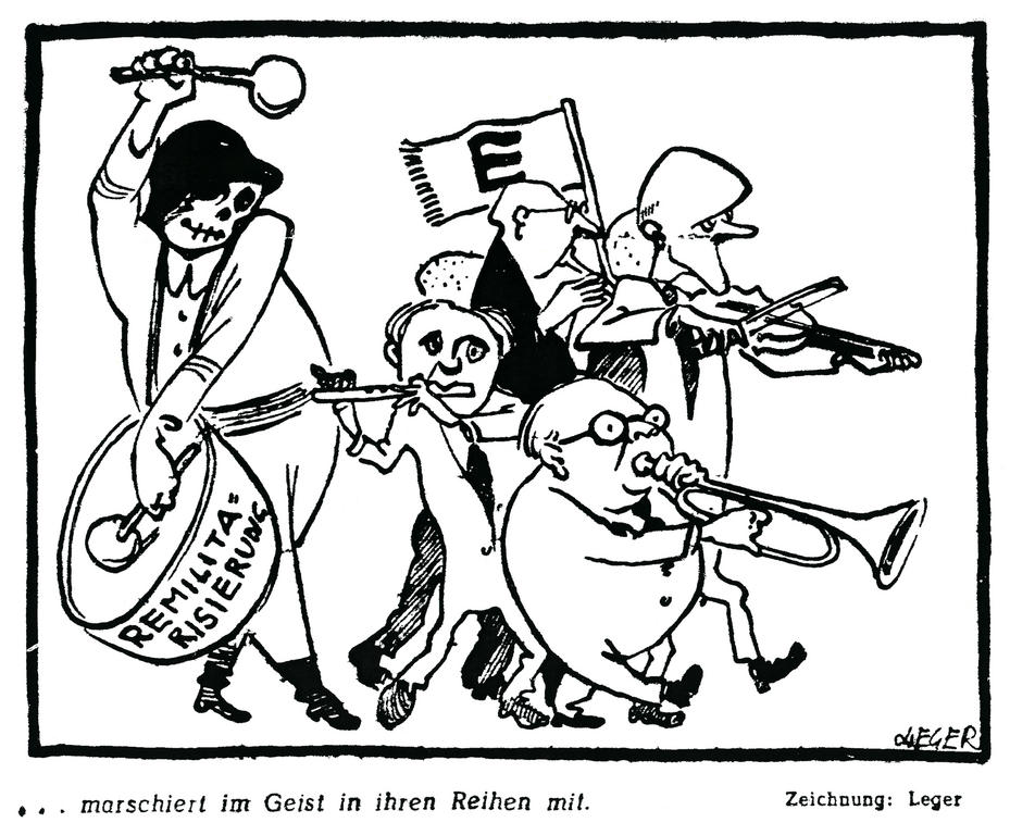 Karikatur von Leger zu den Gefahren der deutschen Wiederbewaffnung (10. Dezember 1949)