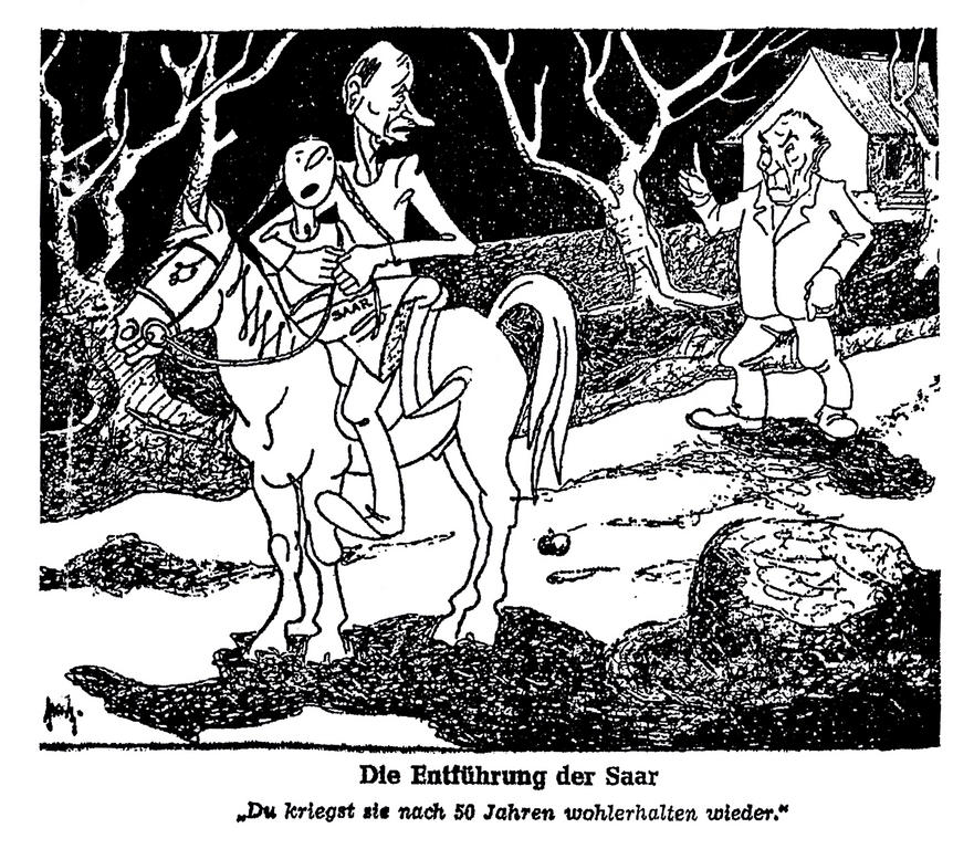 Cartoon on the consequences of the signing of the Franco-Saar conventions (7 March 1950)