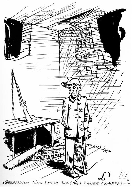 Cartoon by Lang on the question of German rearmament (18 December 1948)