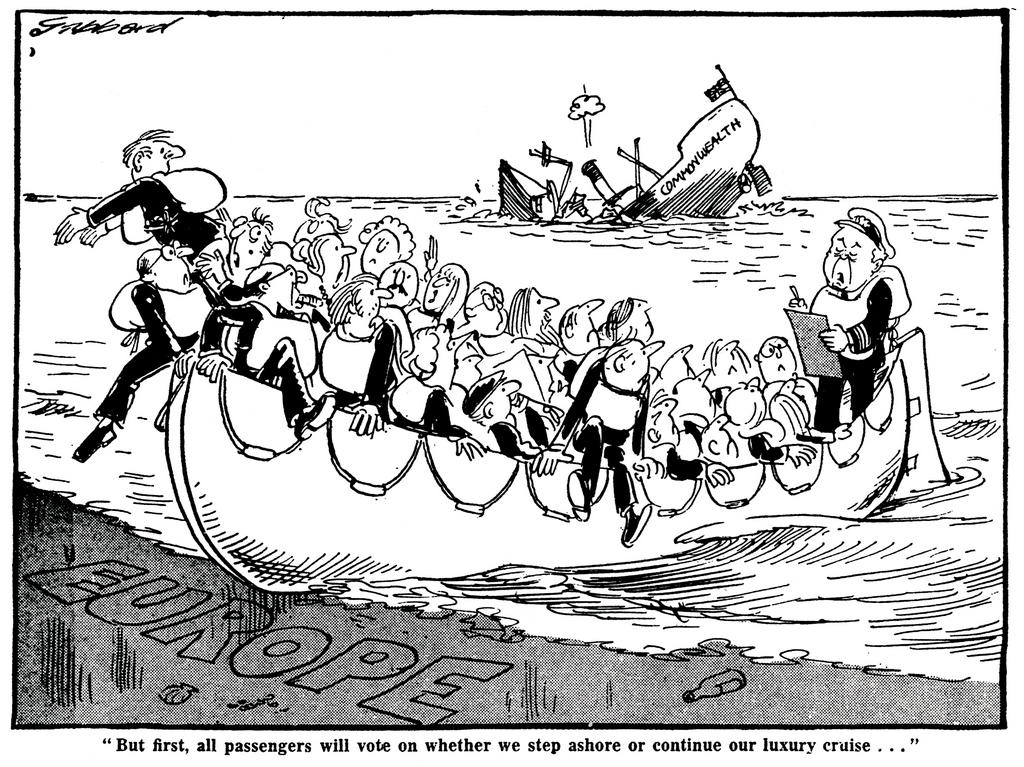 Cartoon by Gibbard on the United Kingdom's continued membership of the EEC (27 February 1975)