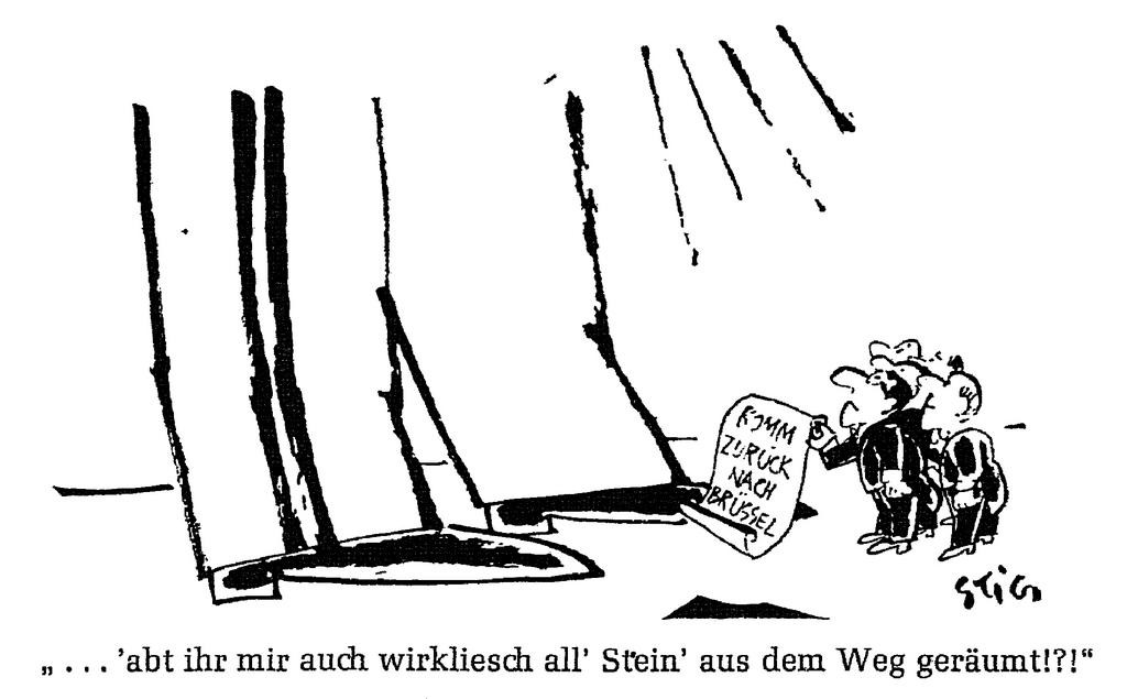 Karikatur von Stig zur Haltung des General de Gaulle bei der Politik des leeren Stuhls und zu seiner Gegnerschaft mit dem Präsidenten der EWG-Kommission Walter Hallstein (28. Oktober 1965)
