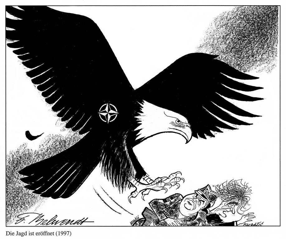 Caricature de Behrendt sur la recherche des criminels de guerre serbes (1997)