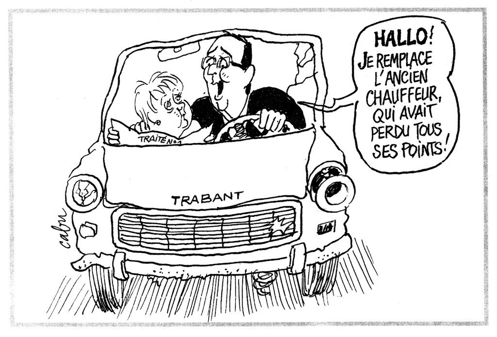 Karikatur von Cabu über das neue deutsch-französische Tandem und die europäischen Herausforderungen (9. Mai 2012)