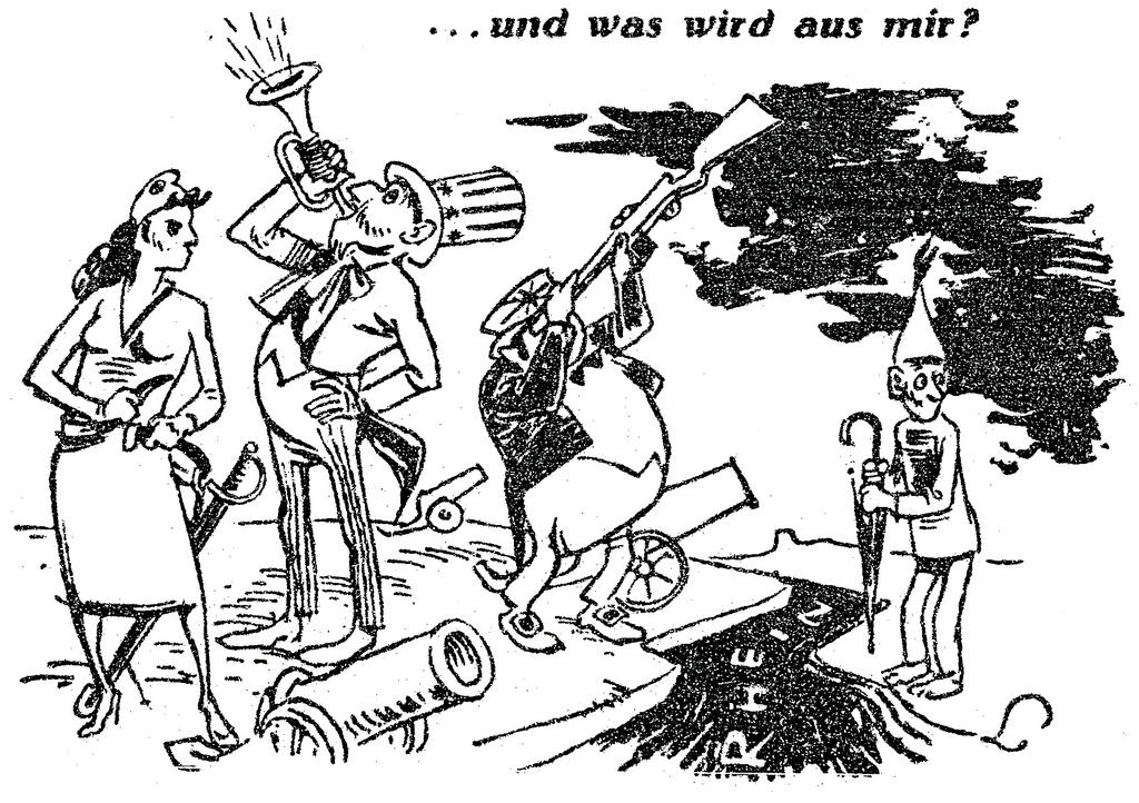 Karikatur von Lang zur Frage der Wiederbewaffnung Deutschlands und der europäischen Verteidigung (9. Oktober 1948)