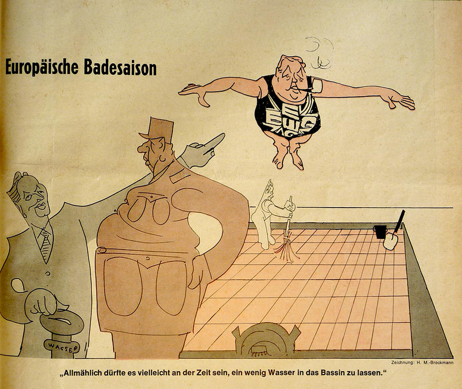 Karikatur von Brockmann zu dem deutsch-französischen Standpunkt zur Frage des Beitritts des Vereinigten Königreichs zur EWG (3. Juni 1967)