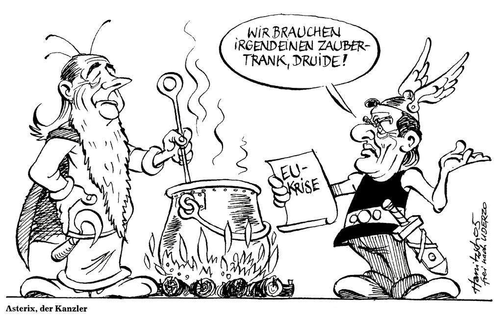 Cartoon by Hanitzsch on the action of the Franco-German duo following the failure of the European Constitutional Treaty (6 June 2005)