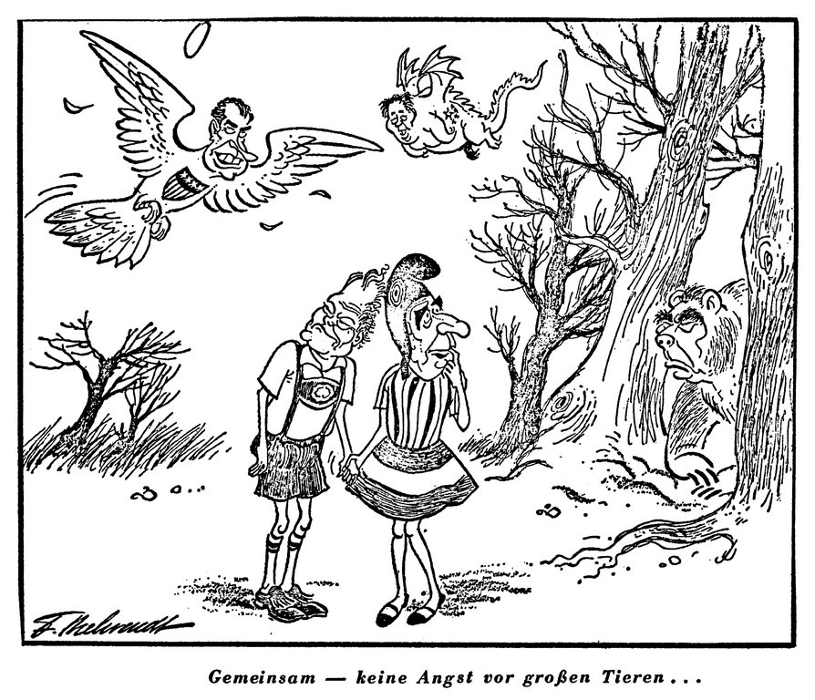 Caricature de Behrendt sur le couple franco-allemand face aux enjeux internationaux (24 janvier 1973)
