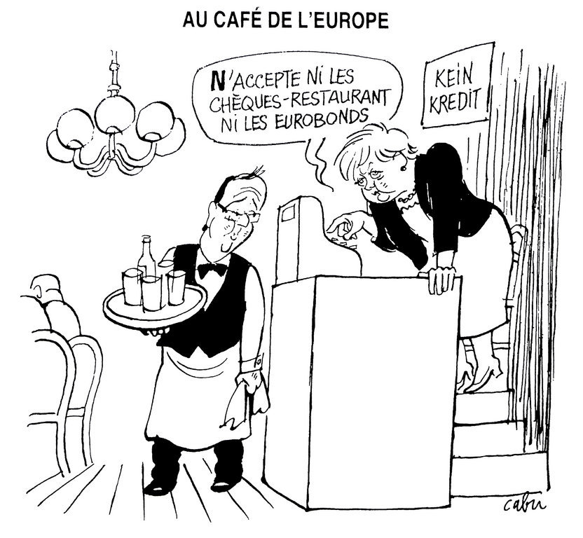 Cartoon by Cabu on the opposing views in France and Germany over the question of eurobonds (27 June 2012)